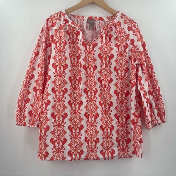 CHICO’S Tunic Size Large Contrast Medallion Feminine Popover Top Stretch Cotton - Picture 14 of 15